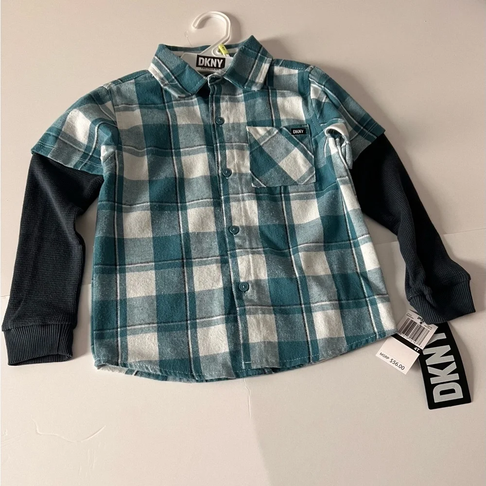 DKNY Boys, size 4T, Jogger layered Pants Set, Button Down shirt, khaki pants NWT